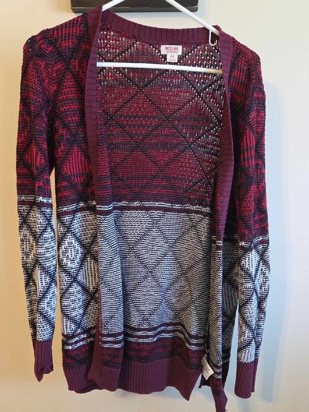 Mossimo Supply Co. Open-Front Burgundy and Gray Aztec Knit Cardigan